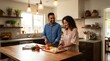 © Eclair_A - Happy couple cooking together in a cozy modern kitchen, chopping fresh vegetables on a wooden island and smiling while preparing a healthy homemade meal