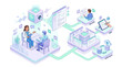 © vickryab - Healthcare digital transformation isometric illustration featuring doctor patient consultation and automated electronic health records EHR synchronization process for medical clinics and hospitals