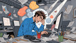 © THESUN - Overworked man tired office worker stressed employee exhausted worker busy workplace digital distraction paperwork chaos modern office fatigue