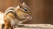 © tonstock - Close up profile of a cute striped chipmunk sitting on a wooden plank and eating a nut in the wild.