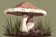 © Mikeyu - Mythical gnome character sleeping peacefully leaning against the stem of a giant forest mushroom among tall grass.