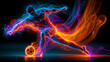 © RVNW - Composition abstraite et dynamique d'un footballeur frappant un ballon lumineux. L'action crée des traînées de lumière bleu, orange et rouge avec un mouvement spectral sur arrière-plan sombre