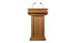 © Natalia - Wooden podium with two microphones on white