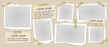 © Azat Valeev - Retro Y2K photo frame scrapbook layout set. Torn paper border grid vector design. Empty vintage poster gallery wall presentation template. Digital collage camera travel memory texture background.