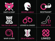 © Dima - Neon Noir Fetish Branding Collection with Handcuff Symbols, Corset Emblems and Luxury Pink Vector Logos