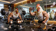 © Quinnsha - Muscular chickens working out in a gym, one lifting weights and another taking a selfie.