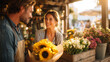 © Alena - Bright flower shop on a sunny afternoon, a female florist with an apron standing behind a wooden counter handing a wrapped bouquet of sunflowers to a male customer