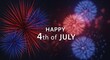© bali - Happy 4th of July text overlay on abstract red and blue starburst fireworks display against a dark night sky background with bokeh lights, patriotic celebration concept