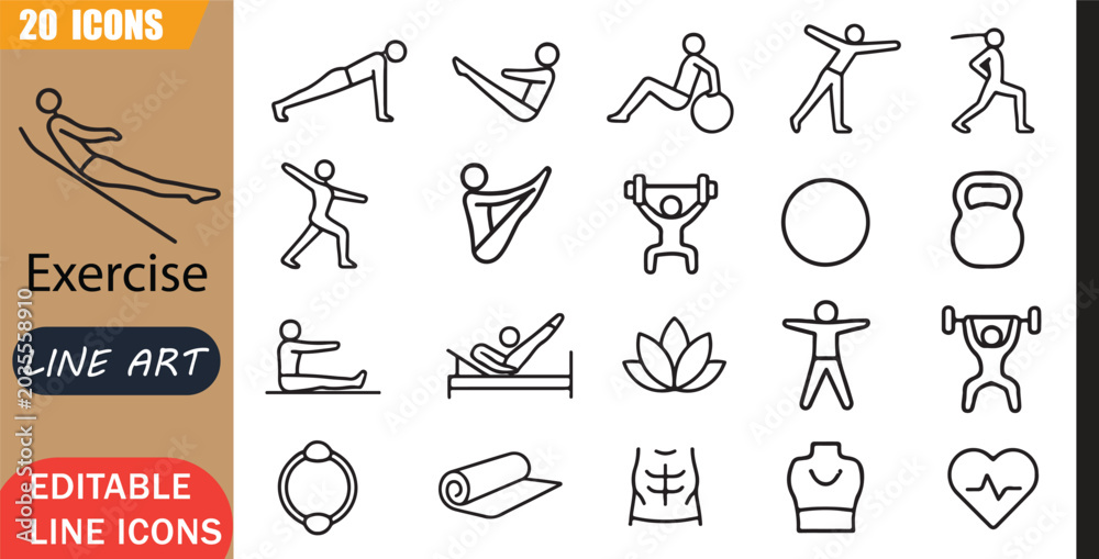 Isolated pilates core icons set, 20 editable line art icons set ...