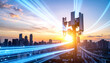 © SolaruS - A 5G telecommunication tower stands tall over a modern city skyline at sunset, sending out glowing blue data streams that represent highspeed digital connectivity and global networking.