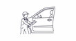 © nanda - Mechanic Repairing Car Door with Wrench, Simple Line Art Illustration