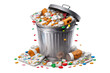 © Leonid - Overflowing metal trash can filled with colorful candy, snacks and waste, isolated PNG on transparent background for junk food, pollution, excess sugar, unhealthy eating and cleanup concepts