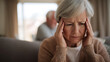 © A2Z AI  - Elderly Woman Suffer Bad Headache or Migraine, Place Hands on Temples, Experience Stress, Anxiety or Mental Strain at Home