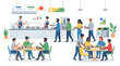 © Segati - Minimalist cafeteria scene with diverse people eating and queuing