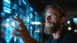 © rifai_art - Bearded man interacting with futuristic blue digital holographic data interface.