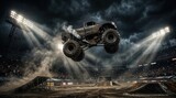 Massive monster truck jumping high above muddy track in dark stadium. Energetic crowd watches thrilling night show.