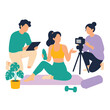 © Ava - Fitness influencer recording a workout video with a production crew in a studio illustration.