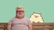 © Oksana - man with bleached hair and glasses sits on a wooden bench beside a cartoon-style illustration of a fluffy cat, both appearing calm against a teal background.