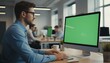 © Hugs - Young professional man working on computer with green screen, modern office background, focused on screen, symbolizing technology, productivity, and advertising.