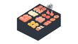 © Moderator - Assorted colorful sushi pieces arranged on a dark tray