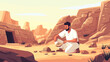 © Ahmad - Man kneels in desert, excavates artifact near ancient ruins