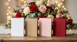 © Diahpuji - Set of blank greeting cards with rose bouquet and warm bokeh lights