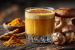 © mansoor - Golden turmeric latte, mushrooms, spices, healthy drink, wellness beverage