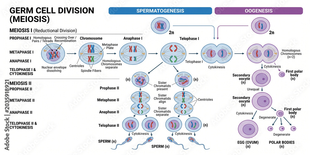 Reproductive Cell Process Comprehensive infographic detailing the stages of meiosis, presenting ...