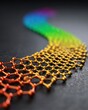 © Dmitriy - Hyper realistic macro texture of an iridescent graphene like surface featuring hexagonal nano patterns reflecting rainbow colors on metallic base.