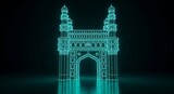 3D neon outline of Charminar, a historical monument against a dark background