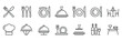 © Elizabeth Profit - Catering thin line icon set featuring fork, spoon, knife, plate, cloche, chef hat, beverage symbols, and restaurant tableware vector illustrations