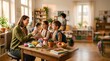 © thom - Teacher giving gifts to happy children in a sunny classroom environment