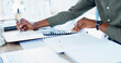 © peopleimages.com - Documents, writing and hands of businessman in office with annual finance report for planning. Paperwork, notes and male financial analyst with budget auditing for company investment in workplace.