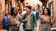 © velikiyzayats - Diverse group of young adult friends exploring a traditional Moroccan souk market, smiling tourists walking through narrow alleyways, cultural travel and adventure concept