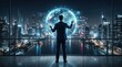 © Supernova - Businessman interacting with holographic globe displaying data analytics over city skyline at night