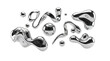 © Labib - 3d chrome metal organic fluid shapes and stars. Abstract liquid mercury metallic icon. 3d rendering aluminum gradient shape design . Brutalist futuristic style