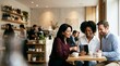 © Николай Срибяник - Diverse colleagues collaborating on a smartphone in a cafe.