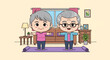 © Rho - Chibi elderly couple, a man with glasses and a woman, performing stretching exercises on a purple yoga mat in a cozy living room setting, flat vector illustration, cartoon style.