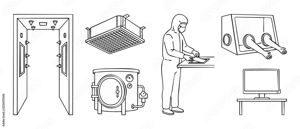 Cleanroom Support Vector Cleanroom laboratory equipment vector icons for scientific research and ...
