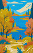 © Florab Photo - Flat illustration depicts a woman running on a winding path through a colorful autumn landscape. The scene features a calm blue lake, with trees and bushes. Concept of activities in the autumn.