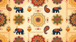 © abi - Seamless Indian cultural pattern with elephants, paisley motifs, and decorative mandalas on a warm, textured background.