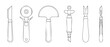 © Fernando - Leather craft tools vector set of cutting knives for handmade crafting, featuring round head knife, rotary cutter, precision scalpel, skiving beveler, gouge, and edge trimmer line art illustration set