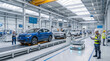 © Celt Studio - Modern automotive factory interior showing electric vehicle production line with robotic arms human workers assembling blue crossover suv smart manufacturing industry automation concept