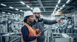© Chainarong - Two professionals in a factory setting, a man and woman in hard hats and safety gear examining a robotic arm with a tablet.