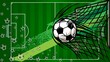 © elfatih - Dynamic illustration of a soccer ball soaring into a net with a green pitch background, representing the excitement of the game
