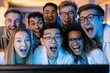 © whitestorm - Diverse group of young adults in lab coats reacting with excitement and surprise to a computer screen.