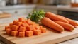 © olga_demina - A kitchen scene featuring diced and whole carrots on a wooden cutting board, showcasing a healthy and appetizing meal preparation process.