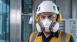 © Helen - Professional industrial worker wearing full protective gear including hard hat safety goggles and respirator mask in factory
