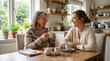 © Subodh - A joyful senior mother and her adult daughter bonding over coffee in a bright, cozy kitchen, sharing laughter and a heartfelt conversation at a rustic wooden table in their beautiful home.