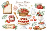 Watercolor strawberry kitchen decor clipart set with desserts jam and rustic elements